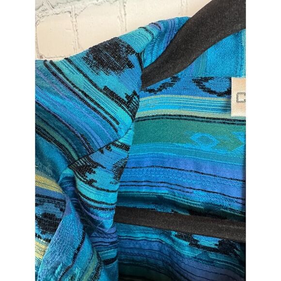CHICO'S royal blue teal silk blend unlined aztec southwestern jacket blazer 2 L - Picture 4 of 8